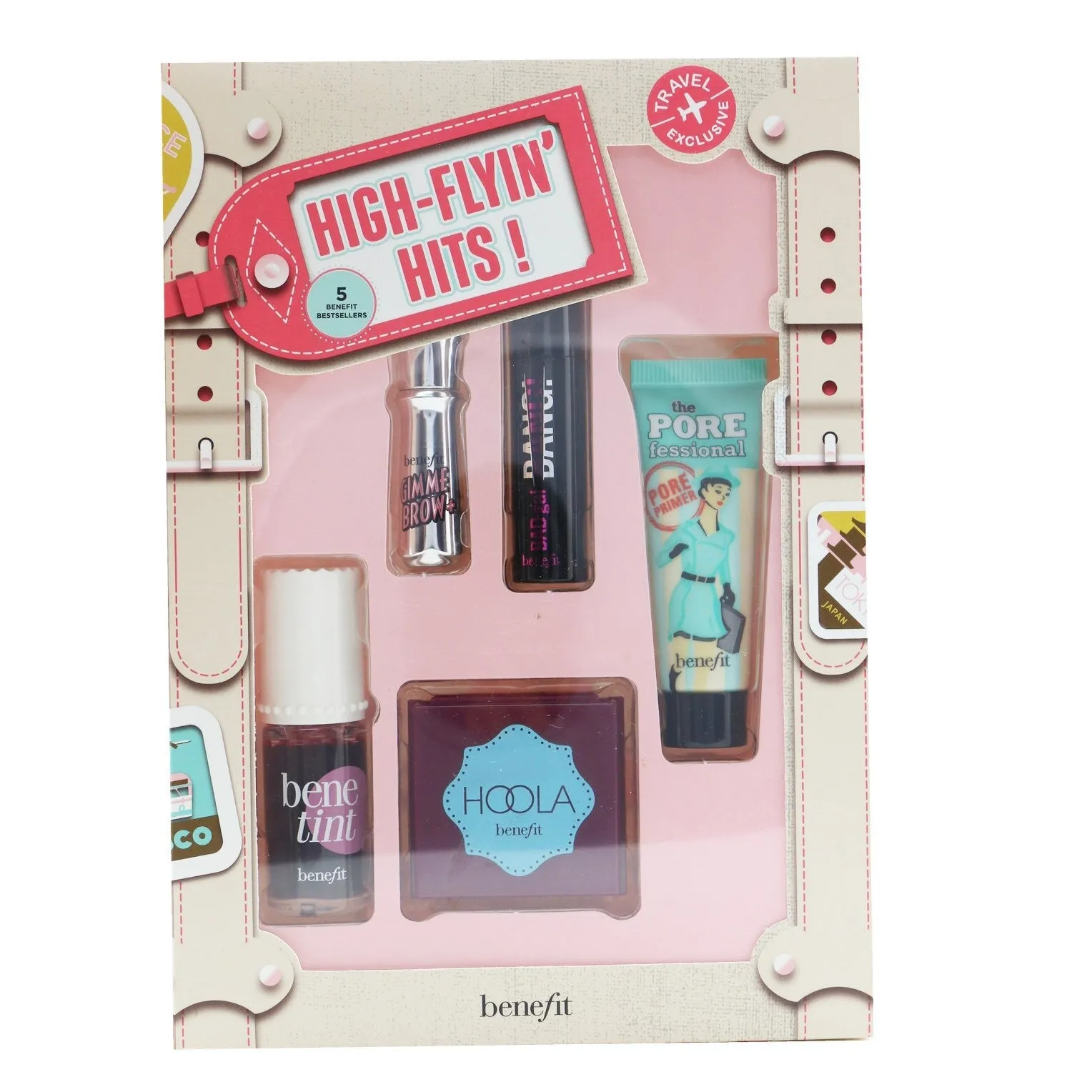 Benefit High Flyin' Hits! Set (1x Primer. 1x Bronzer. 1x Mascara. 1x Brow Gel. 1x Lip & Cheek Stain)  5pcs