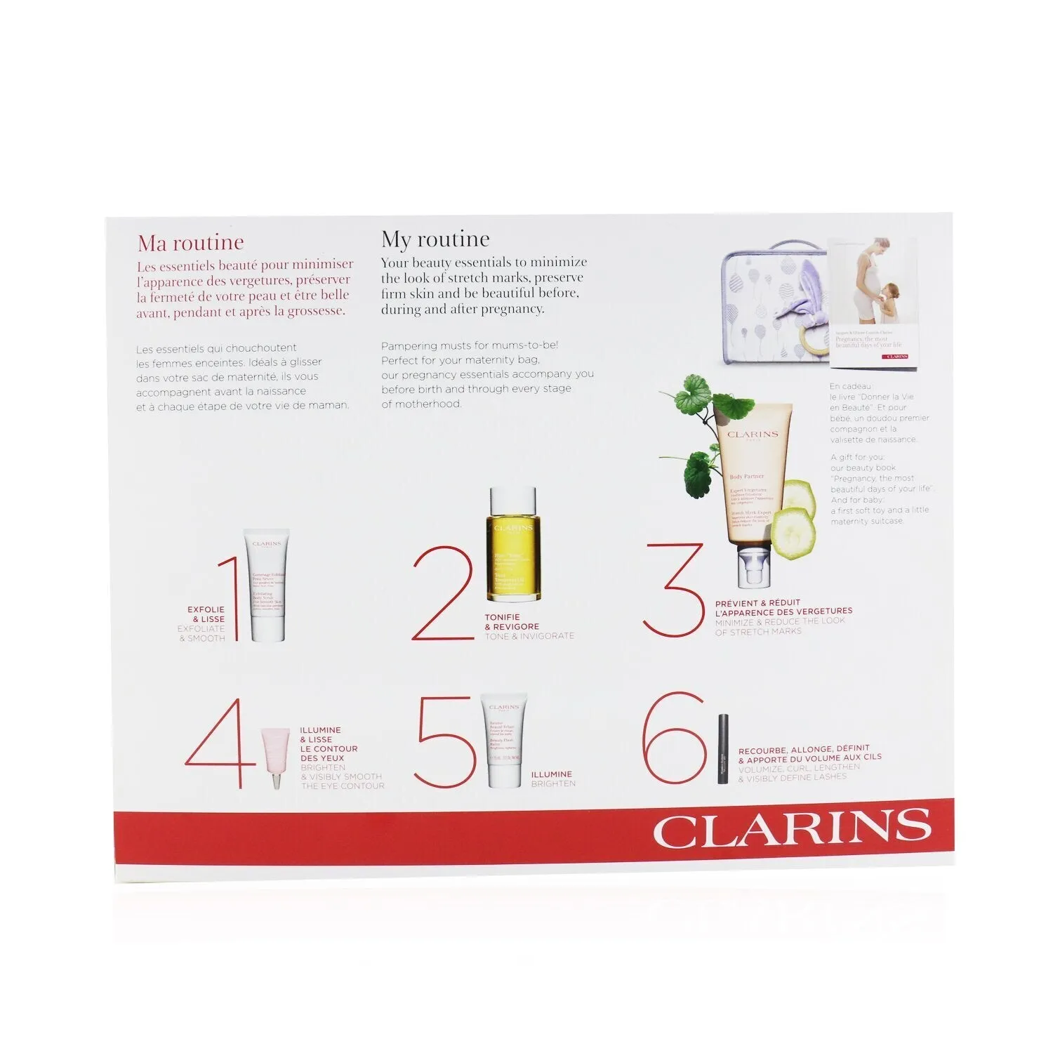 Clarins Maternity Set: Stretch Mark Expert  Tonic Treatment Oil  Body Scrub  Beauty Flash Balm  Multi-Active Yeux  Mascara  Bag  6pcs