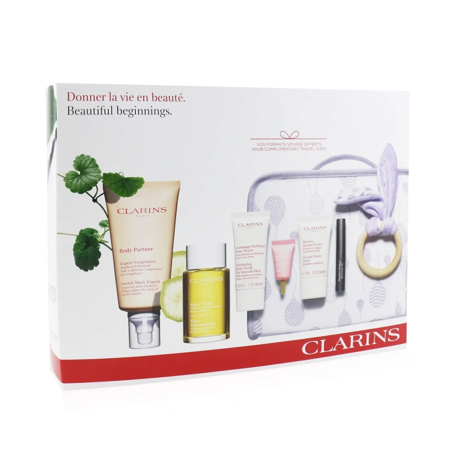Clarins Maternity Set: Stretch Mark Expert  Tonic Treatment Oil  Body Scrub  Beauty Flash Balm  Multi-Active Yeux  Mascara  Bag  6pcs
